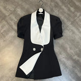 Puff Sleeve Large Collar Back Bow Blazer Mini Dress-Outfit