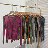 Spring Slim Women See-through Irregular Patchwork Mesh T-shirts Girls O-neck Full Sleeve Sheath Thin Crop Tops-Outfit