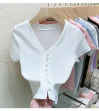 T Shirts Women V-Neck Pearl Buttons Cropped Tshirt Tee Lady Solid Slim Cardigan Crop Top for Female-Outfit