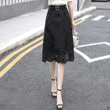 Fashion Elegant Lace Skirt 2023 Summer New Office Lady Commute All-match Hook Flower Hollow High Waist A-Line Midi Skirts-Outfit