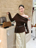 Fongt Xixi 2025 Autumn White Standard Temperament Shoulder Wool Bottom Shirt Long-Sleeved Knitted Shirt Female 25-9075
