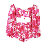 Sexy Print Beach Women Suit Square Neck Lantern Sleeve Hollow Out Crop Tops High Waist Shorts Two Piece Set