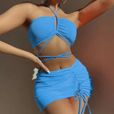 2023 New Folding Cloth Drawstring Strap Mesh Three-Piece Swimsuit