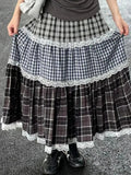 Patchwork Lace Plaid Maxi Skirt-Outfit
