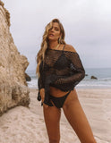 Fongt New Bikini Smock Mesh Hollow Knit Sweater Swimsuit Beach Sunscreen Shirt Female Summer-Outfit