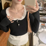 Lace Lace Long-Sleeved T-Shirt Women's Early Spring New Style Slim And Slim Fake Two Inner