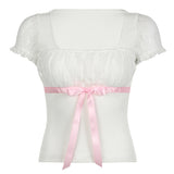 And Spicy Square Collar Lace Stitching Pink Bow Tie With Bubble Sleeves Slim T-Shirt 2024-Outfit