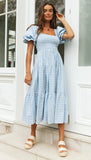 Plaid Puff Sleeve Midi Dress-Outfit