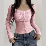 Lace Pleated Chest-Shaped Slim Long-Sleeved T-Shirt 2023 New