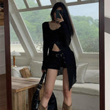 Single Breasted Black Tops Women Summer New Sun Protection Mesh Cardigans Y2k E-Girl Long Sleeve Mid-length Blouses-Outfit