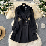 Fongt Suit Collar Dress Woman 2025 Autumn High-End Double Buckle Waist Long Sleeves Small Black Dress Skirt