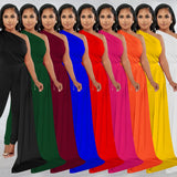 Fashion Women's Solid Color Diagonal Shoulder Cape One Shoulder Long Sleeve Trousers Jumpsuit-Outfit