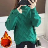 Thicken Plus Velvet Sweaters For Women Casual Warm Knit Pullovers Korean Fleece Lined Knitwear Ribbed Bottomed Tops