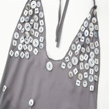 Fongt Women's Summer Sexy Hanging Neck Dew Back Brightle Leaf Side Dress Dress