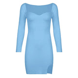 Basic Split Knitted Dress Autumn Winter Sexy Slim Square Collar Long Sleeve Mini Dresses For Women 2021 Elegant