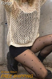 Hollow Out Cropped Knit Sweater Women Fairy Grunge Long Sleeve Top Vintage Loose Distressed Crochet Pullovers Cover-up