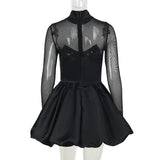 Black Turtleneck Sheer Long Sleeve Satin Mini Dress-Outfit
