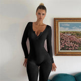 Long Sleeve Ribbed Buttoned Solid Jumpsuit-Outfit