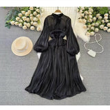Fongt Korean Version Of The Lantern Long Sleeve To Receive The Waist Thin Folded Folded Lily Dress Seaside Long Skirt