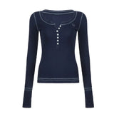 Vintage Embroidery Top-stitching Breasted Long Sleeve Tee-Outfit
