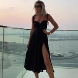 Fongt Summer New Splice Sling Dress Temperament Closed Waist Elegant Dress-Outfit