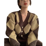 Fongt Autumn Winter New Korean Version Ling V Neck Color Knit Sweater Cardigan Short Small Coat Retro Temperament-Outfit