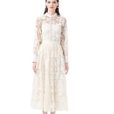Fongt Suit Female Magenta Elegant Lantern Sleeve Embroidered Mesh Shirt High Waist Swing Half Body Skirt Spring Dress Two Sets