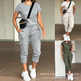 Women's Solid Color Round Collar Top Multi Pocket Jog Pants Set-LZS7514-Outfit