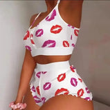 Women's 2 Pieces Kawaii Strawberry Print Frill Hem Cami Pajama Set 2023 Femme Cute Crop Top & Shorts Suits Lady