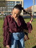 Fongt Women's Dress 2025 New Fashion Design Feel-Sensitive Leaf Folded V-Neck Shirt B88827