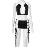 Piece Set Women Tracksuits Sexy Halter Lace Up Camisole Top+Low Rise Hollow Out Drawstring Mini Skirts 2022 Summer