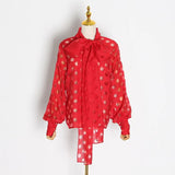 Casual Ruched Women's Blouses Bow Collar Lantern Long Sleeve Lace Up Shirts For Female Fashion 2022
