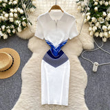 Fongt Chic Vintage Knitted Dress Women's Summer 2025 Summer Recealing Skinny Polo Collar Short-Sleeved Bust Dress