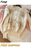Knit Cardigan Jacket Autumn Winter New Fashion Loose Sweater Sequins Beaded Fake Mink Fleece Chic