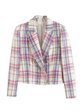 Women Tweed Blazer Coat Plaid Cropped Elegant Office Lady Chic Double Breasted Slim Outerwears Women's Jacket 2023 New In-Outfit