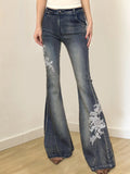 Fongt West Of The Cowboy Wind Plant Flowers Embroidered Low-Waisted Trousers Hottie Water Wash Old Leisure Trousers
