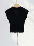 Fongt Show Thin Ultra-Soft Short Knit Top Women's Summer Thin V-Neck Small Flying Sleeve Black Rose Lace-Up Short Sleeve-Outfit