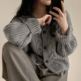 Solid V Neck Puff Sleeve Cable Knit Cardigan-Outfit