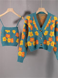 New 2022 Two Pieces Vintage Cardigans Floral Fashionable Lady Autumn Winter Women's Sweaters Short Tops