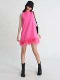 Fongt Design Sense Solid Color A-Line Skirt 2024 Spring Round Collar Sleeveless Hem Ostrich Hair Decoration Loose Dress-Outfit