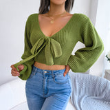 Wind Shooting Autumn And Winter Fashion Bow V Leader Lantern Sleeve Open Umbilly Sweater Women's