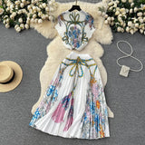 Blooming Printed Skirt Suit Women's New Thread Temperament Half-high Collar Top + Pleated Skirt Two-piece Set-Outfit