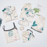 Spring 7 Pieces Set Silk Elegant Women Pajamas stripe Shorts Long Sleeve Tops Elastic Waist Pants Full Lounge
