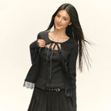 Fongt New Women's Design Temperament Lace Splicing Elastic Knitting Shirt Fashion Two Sets
