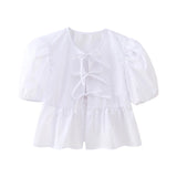 New Bubble Cuff Lace-Up Solid Color Short Blouse 1213835-Outfit