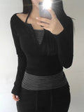Fongt Sweet Style Simple Knitted Shirt Two Sets Of Striped Hanging Neck Hanging Sling + Half-Open Collar Long-Sleeved T-Shirt Top