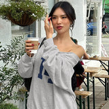 Number Printed One Shoulder Loose Sweatshirt-Outfit