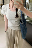 Short Threaded Shoulder Slim Short-Sleeved T-Shirt Women's New Solid Color Summer Casual Round Collar