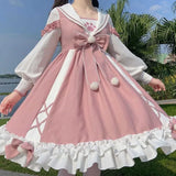 Meow Paw Lolita Dress for Women Sweet Sailor Collar Bow Vestidos Mujer Y2k E-Girl Long Sleeve Winter New Dresses-Outfit