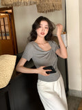 Fongt Xixi 13 Line 2025 Spring And Summer New Temperament Thringing Knotted Knitted Knitted Short-Sleeved T-Shirt 89318